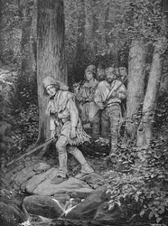 Joseph Brown guida la sua compagnia a Nicojack, la roccaforte dei Chickamaugas, incisione di Robert Hoskin, illustrazione da 